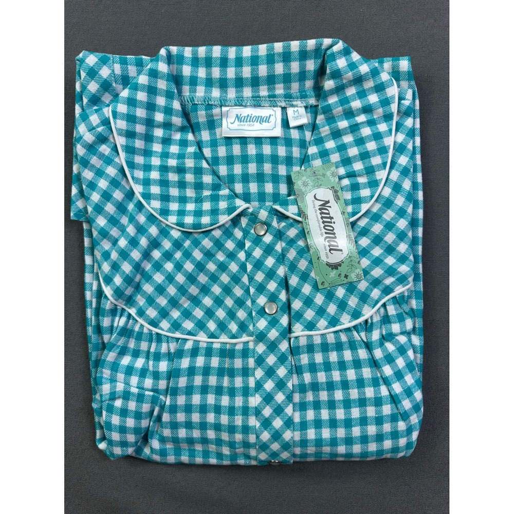 National Cotton Gingham Nightgown Teal Green White Check Short Sleeve M NWT